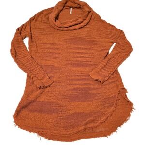 Free People Cowl Neck Knit Raw Hem Boho Long Sleeve Sweater Warm Orange Size Sm